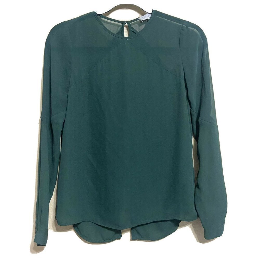 1.State Blouse XS Long Sleeve Semi Sheer Shoulders And Sleeves Emerald Green